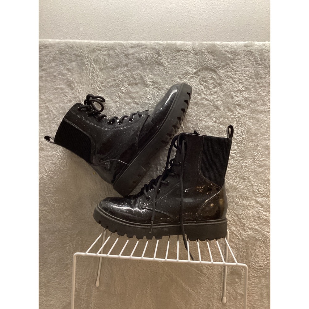 Kids Black Glitter Combat Boots Lace Up Side Zip Chunky‎ Sole - Picture 5 of 5